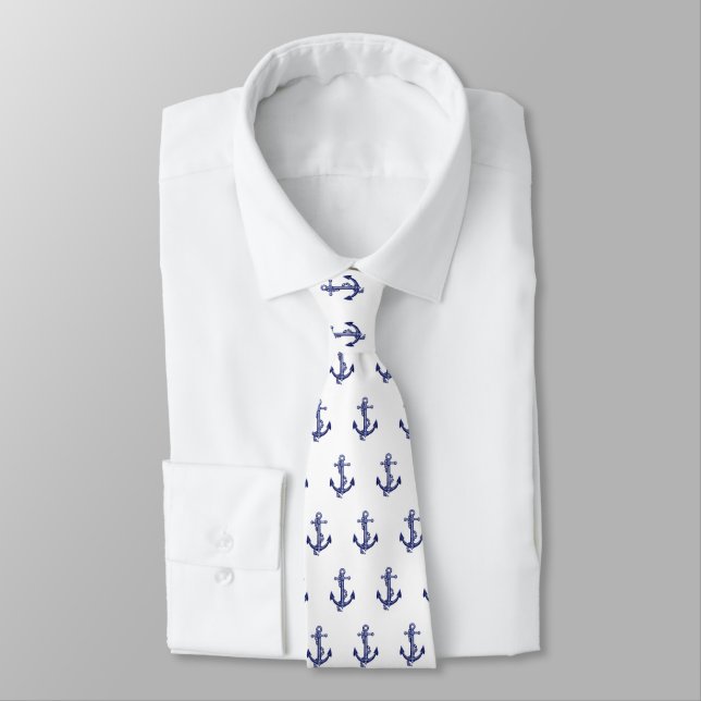 Blue and white nautical anchor neck tie (Tied)