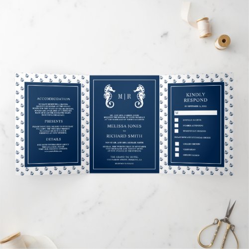 Blue and White Nautical Anchor Seahorse Wedding Tri_Fold Invitation