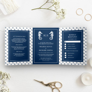 Blue and White Nautical Anchor Seahorse Wedding Tri-Fold Invitation