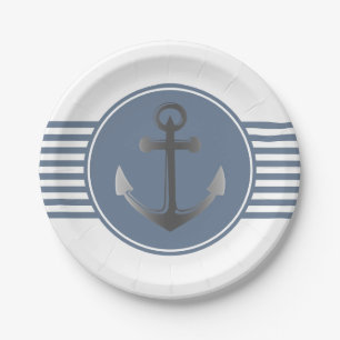 Blue and White Nautical Anchor Stripes Paper Plates