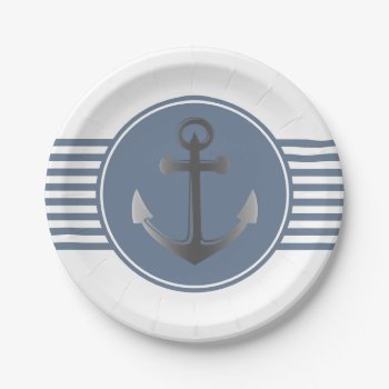 Blue And White Nautical Anchor Stripes Paper Plates by angela65 at Zazzle