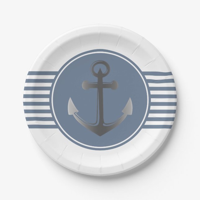 Blue and White Nautical Anchor Stripes Paper Plates (Front)