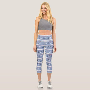 Blue and White Nautical Anchors High Waisted Yoga Capri Leggings