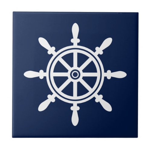 Blue and White Nautical Ceramic Tile _ Ship Wheel