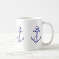 Blue and White Nautical Coffee Cup with Anchors