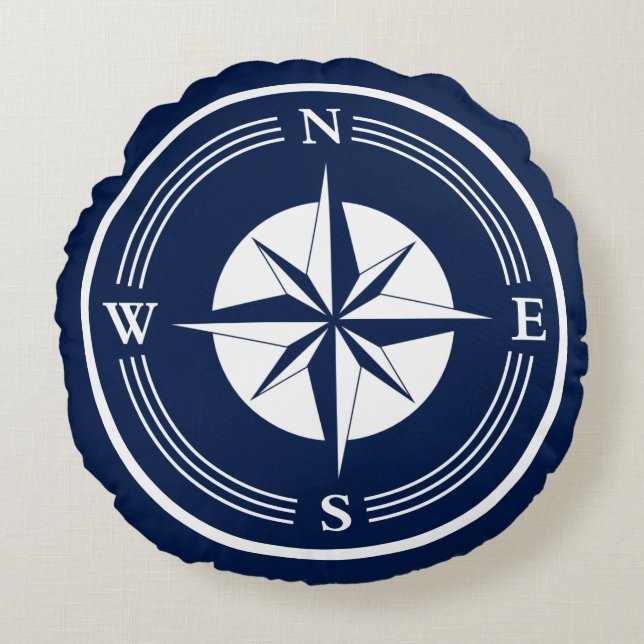 Blue and White Nautical Compass, Nautical Round Pillow (Front)