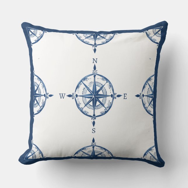 Blue and White Nautical Compass Throw Pillow (Front)