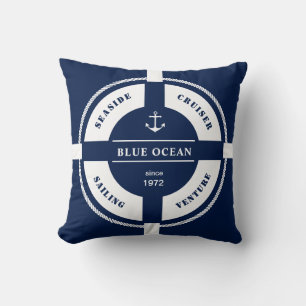 Blue and White Nautical Lifebuoy Elegance Throw Pillow