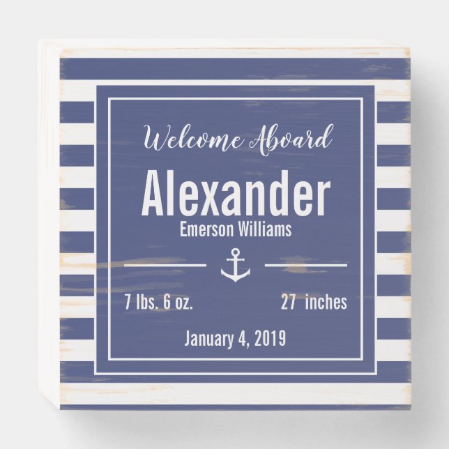 Blue and White Nautical Nursery Wooden Box Sign (Front Horizontal)