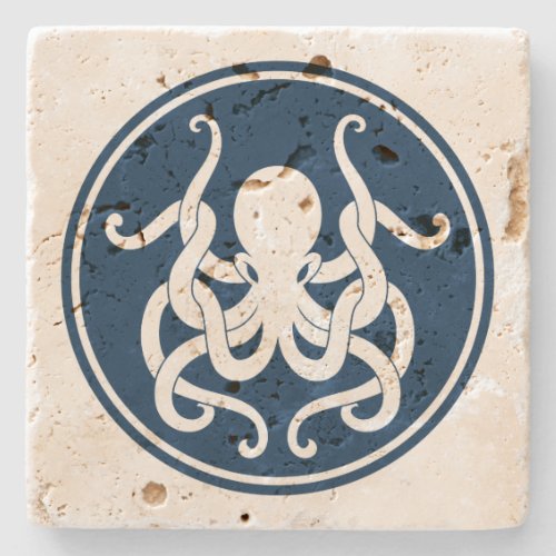 Blue And White Nautical Octopus Illustration Stone Coaster