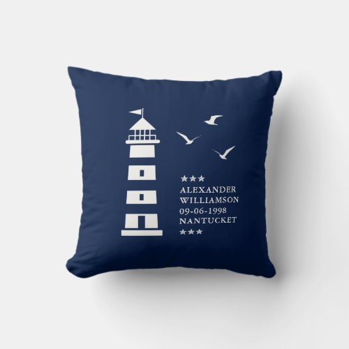 Blue and White Nautical Pillow Lighthouse Name Throw Pillow