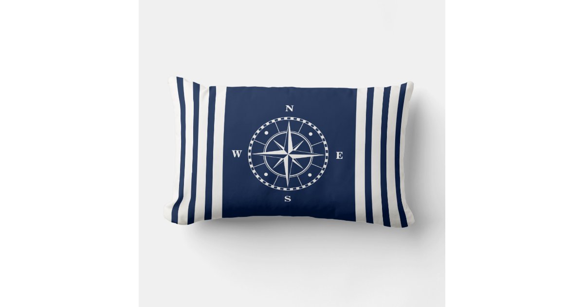 Blue and White Nautical Pillow with Compass Zazzle