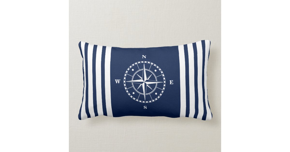 Blue and White Nautical Pillow with Compass