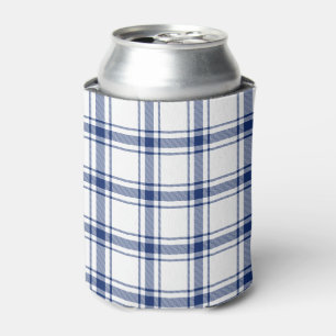 Blue and White Nautical Plaid Can Cooler