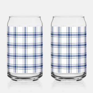 Blue and White Nautical Plaid Can Glass