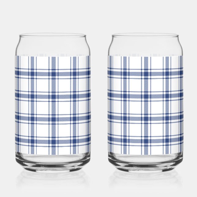 Blue and White Nautical Plaid Can Glass (Front)
