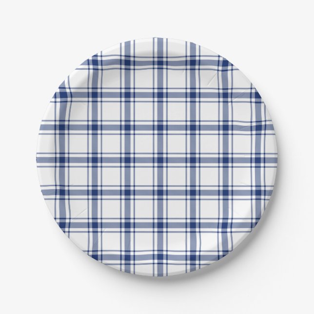 Blue and White Nautical Plaid Paper Plates (Front)