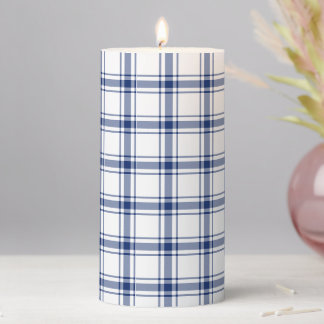 Blue and White Nautical Plaid Pillar Candle
