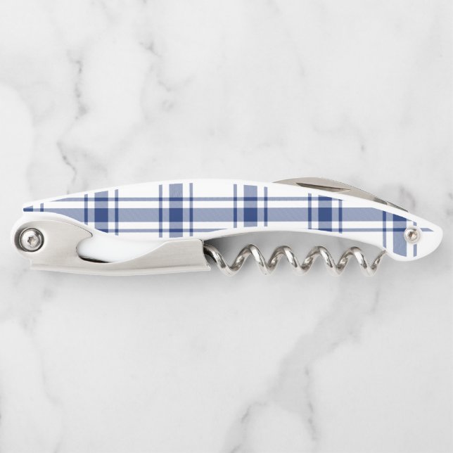 Blue and White Nautical Plaid Waiter's Corkscrew (Front)
