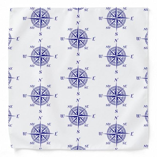 Blue and White Nautical Sailing Compass Bandana (Front)