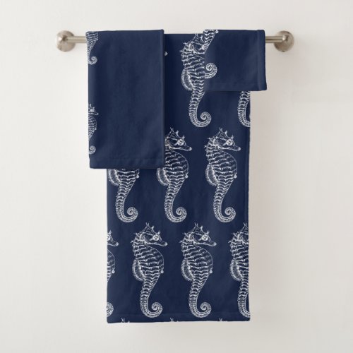 Blue and White Nautical Seahorse Bath Towel Set