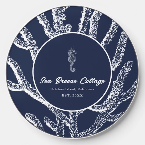 Blue and White Nautical Seahorse  Coral Wireless Charger