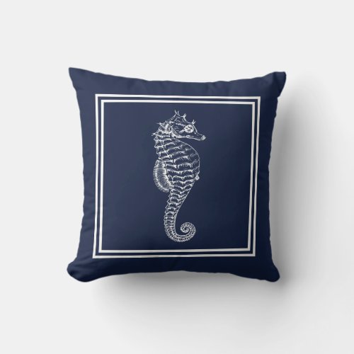 Blue and White Nautical Seahorse Throw Pillow