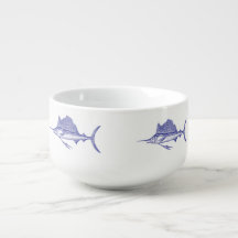 Blue and White Nautical Soup Mug with Swordfish