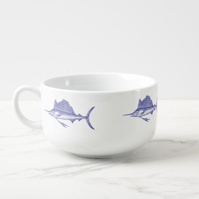 Blue and White Nautical Soup Mug with Swordfish (Right)
