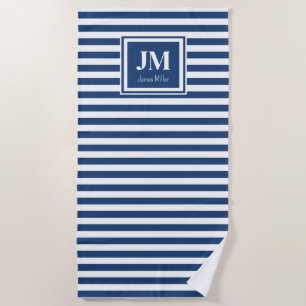 Blue and White Nautical Stripe Monogram Beach Towel