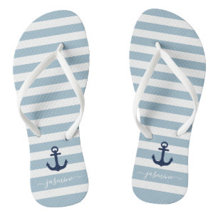 Blue and White Nautical Stripe Name Flip Flops