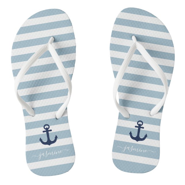 Blue and White Nautical Stripe Name Flip Flops (Footbed)