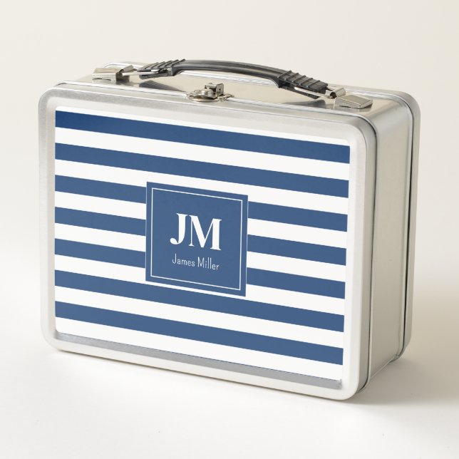 Blue and White Nautical Stripes Monogram Metal Lunch Box (Front)
