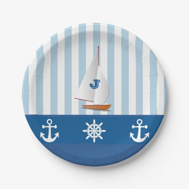 Blue and White Nautical  themed Monogramed design. Paper Plates (Front)