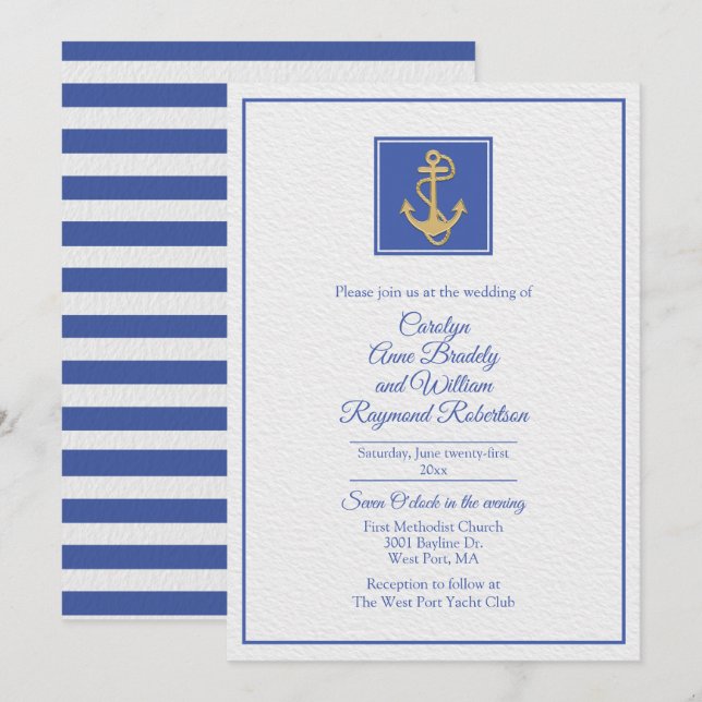Blue and White Nautical Themed Wedding Invitation (Front/Back)