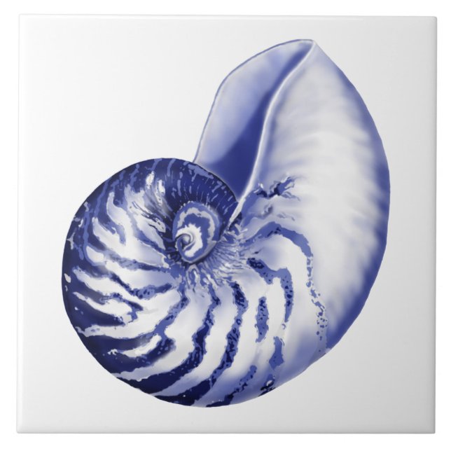 Blue and white nautilus shell ceramic tile (Front)