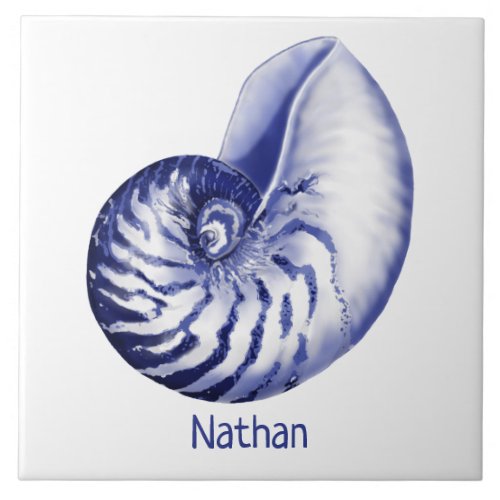 Blue and white nautilus with name ceramic tile