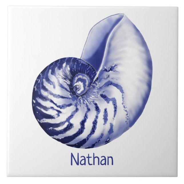 Blue and white nautilus with name ceramic tile (Front)