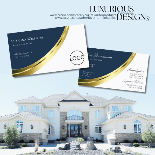 Blue and White Noble Gold Decor with Logo Stylish Business Card