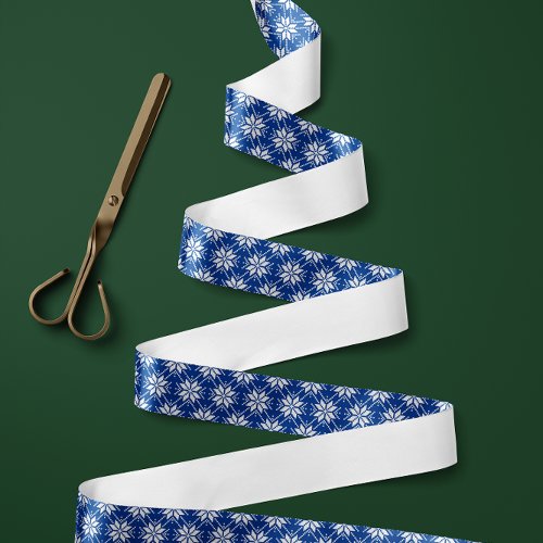 Blue and White Nordic Snowflake Pattern Satin Ribbon