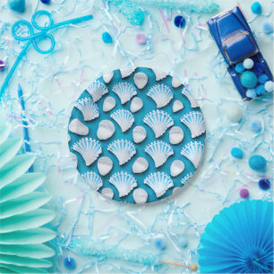 Blue and White Ocean Seashells Pattern Paper Plates