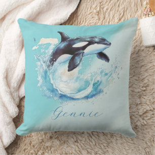 Blue and White Ocra Ocean Beach Nautical Throw Pillow
