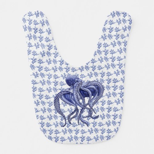 Blue and white Octopus and sea coral  Baby Bib