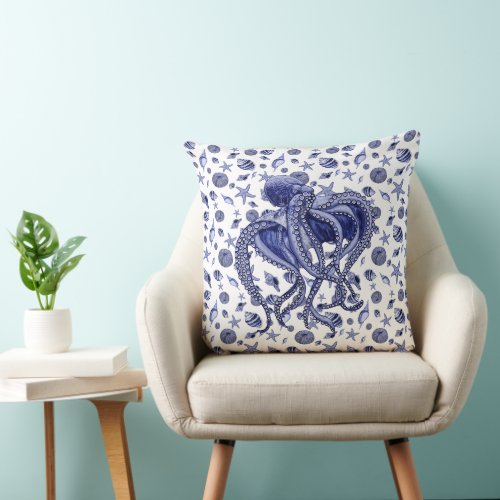 Blue and white Octopus and seashells  Throw Pillow