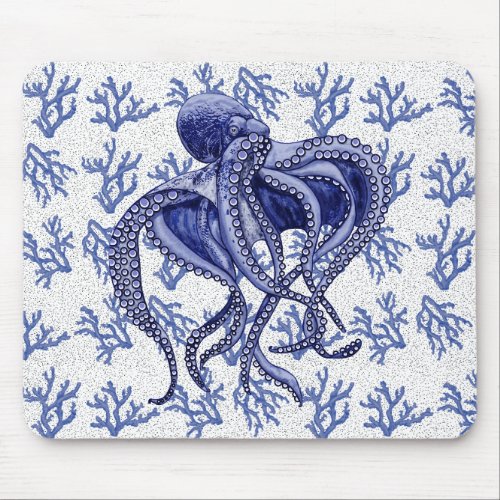 Blue and white Octopus on sea coral  Mouse Pad