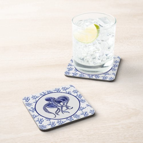 Blue and white Octopus with coral  Beverage Coaster