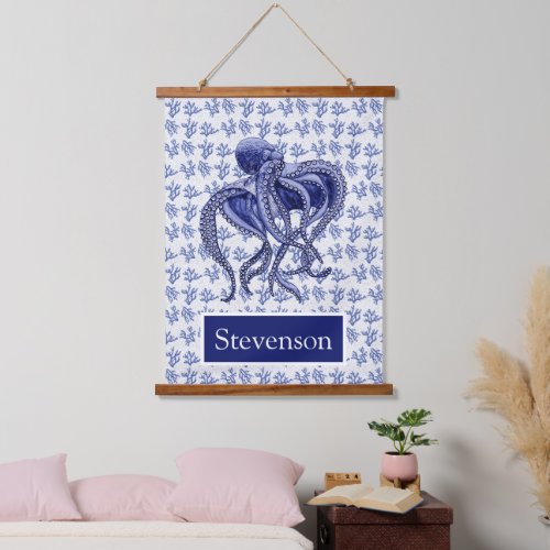 Blue and white Octopus with coral  Hanging Tapestry