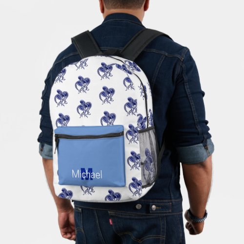 Blue and white Octopus with name  Printed Backpack
