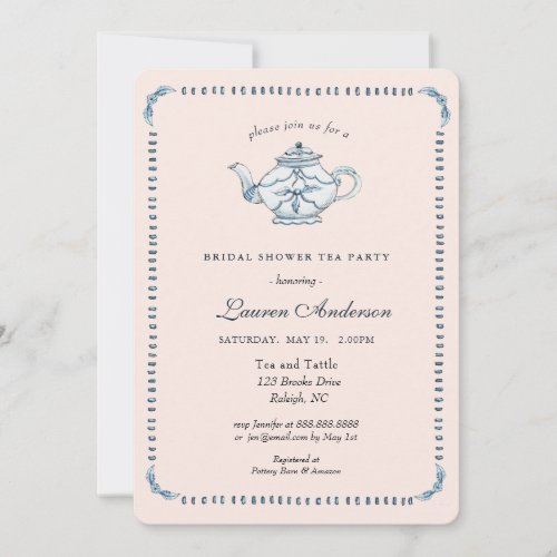 Blue and white on Blush Teapot Bridal shower Invitation