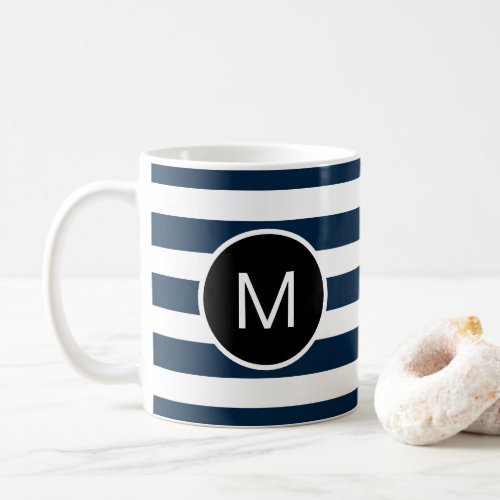 Blue and White or Custom Colors Striped Monogram Coffee Mug